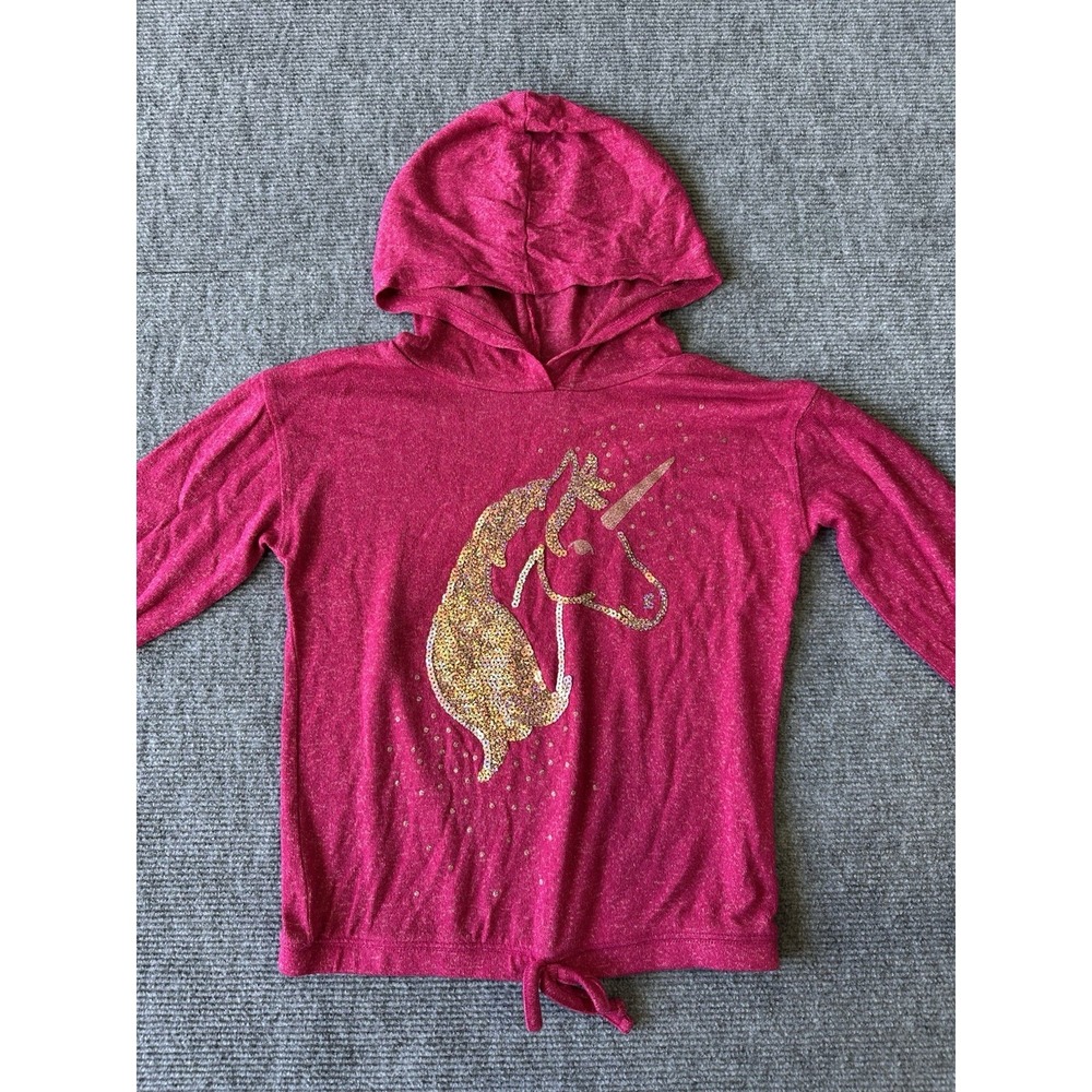 SO Girls Pink Pullover Hoodie Sequin Unicorn Graphic Print Size M (8)
